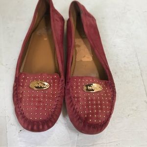 Coach Ballet Flats Suede Studs Logo Loafers Leather Shoes Barbie Pink Comfort